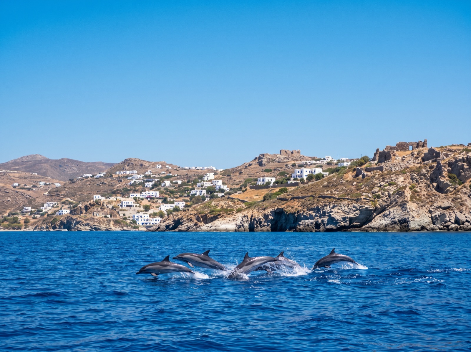 Grupo de delfines nadando frente a la costa