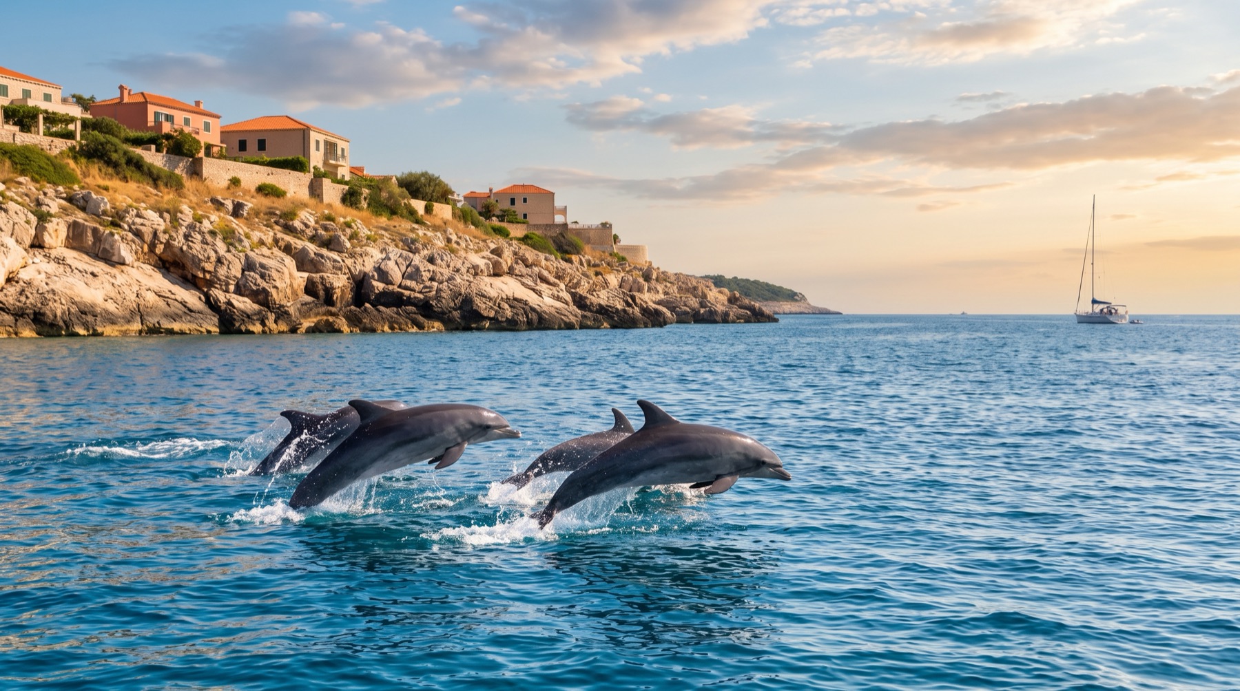 Delfines saltando frente a la costa mediterránea